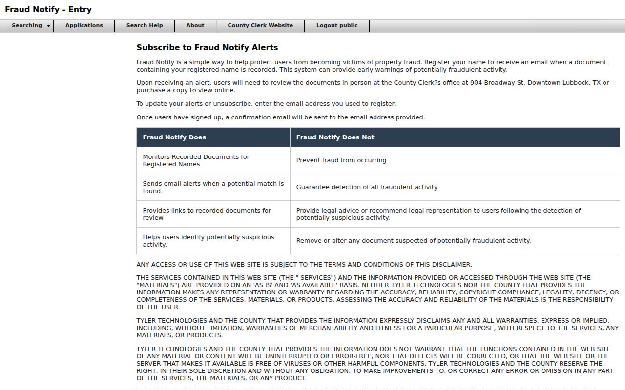 Lubbock residents directory County Fraud Notify sign-up